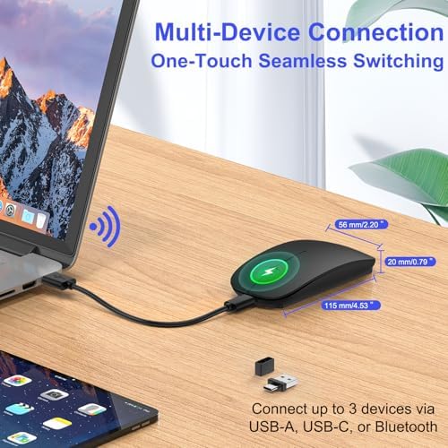 Sleek Silver Bluetooth Wireless Mouse for Mac Book Air & Pro – Ergonomic, Rechargeable, and Silent Tri-Mode Connectivity (2.4 G USB-C/USB-A, Bluetooth 5.2/3.0) for Ultimate Productivity on the Go