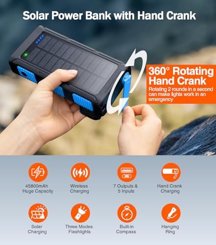 Ultimate 45800 m Ah Solar Wireless Power Bank with Hand Crank & Fast Charging – 7 Outputs, 4 Inputs, SOS Flashlight & Compass for Outdoor Adventures and Emergency Preparedness