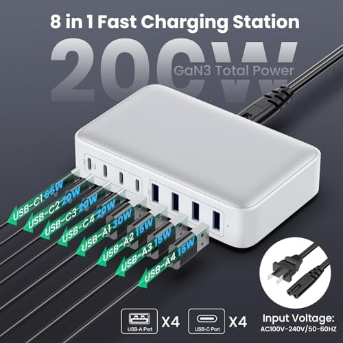 Powerful 200 W Ga N III USB C Multi-Device Charging Hub – 8-Port Rapid Charger for Mac Book Pro/Air, DELL, i Phone 16/15/14, Galaxy S23/22 – PD 65 W Laptop Adapter for Effortless Portability and Enhanced Connectivity Solutions