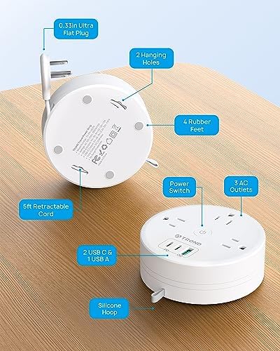 Compact TROND 20 W USB-C Travel Power Strip – Retractable 5 ft Extension Cord with 3 AC Outlets for Fast Charging, Perfect Cruise Ship Essential, Ultra-Thin Flat Plug for Home & Dorm Use – Stay Organized & Connected Anywhere