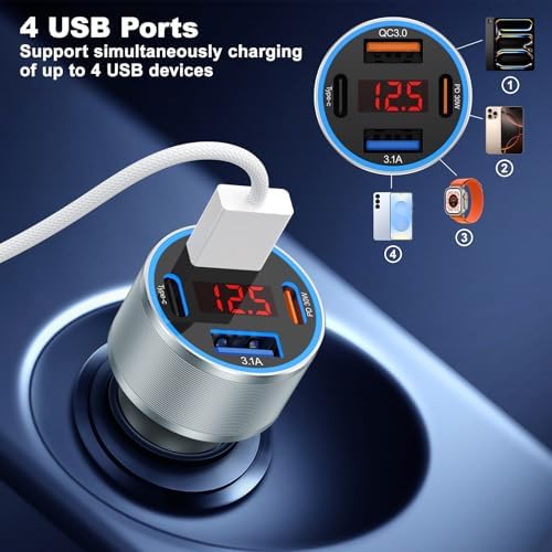 High-Power 65 W USB C Car Charger with 4 Fast Charging Ports, PD30 W Capability, Digital Voltage Display & 2 USB Cables – Ultimate Compatibility for i Phone 16/15/14/13, Samsung Galaxy S25/S24/S23, i Pads & More – Efficient On-the-Go Charging Solution