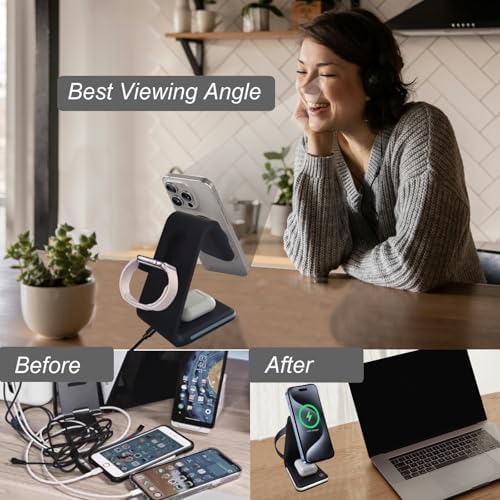 Ultimate 3-in-1 Magnetic Wireless Charging Station with Nightlight – Fast 15 W Apple Mag Safe Charger for i Phone 12/13/14/15/16, i Watch Series, and Air Pods – Sleek Design for Enhanced Compatibility and Efficient Power-Up