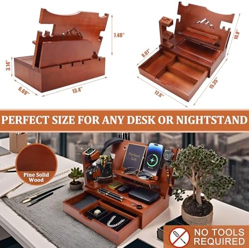 Nightstand Organizer for Men with Large Drawer, Birthday Gifts for Men, Phone Docking Station, Bedside Organizer for Nightstand for Apple Watch, Laptop (Brown, Solid Wood) – Enhanced Compatibility and Speed