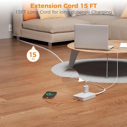 TESSAN 10 FT Flat Extension Cord with Surge Protection: Compact Power Strip Featuring 6 AC Outlets, USB-C & Dual USB-A Ports – Ideal for Home, Office, and Dorm Room Use with Wall Mount Capability for Space-Saving Convenience