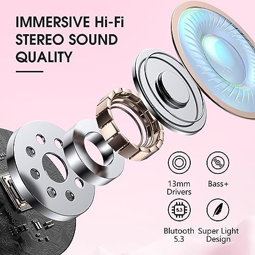 Premium Bluetooth 5.3 Wireless Earbuds – 40-Hour Playtime, IPX7 Waterproof, Deep Bass Sound, Superior Noise Cancelling, Elegant Rose Gold Design – Ideal for i Phone and Android Users Seeking Exceptional Audio Performance and Durability