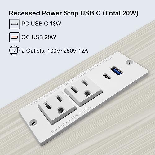 Recessed USB C Power Station for Fast Charging: 2 Outlets & 2 USB Ports (PD20 W & QC18 W) – Space-Saving Desktop Power Strip with Flat Plug for Easy Mounting on Desks, Sofas, Cabinets, and Nightstands (Sleek Black Finish) – Optimal Power Supply Solution for Home & Office Use