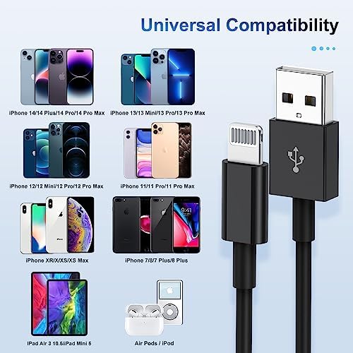 Premium 3-Pack Apple MFi Certified Lightning to USB Charger Cables – 6 FT Durable Fast Charging Cords for i Phone 13/12/11/11 Pro/11 Max/X/XS/XR/XS Max/8/7/6 – Enhanced Performance and Extended Reach for Seamless Device Connectivity
