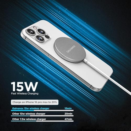 Galvanox 10-Foot Magnetic Wireless Charger for i Phone – Fast 15 W Charging Pad with Enhanced Compatibility, Sleek Anodized Aluminum Design – Stay Connected with Extended Reach and Convenience