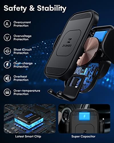 Zee Hoo 15 W Fast Wireless Car Charger with Auto-Clamping Phone Holder – Effortless One-Handed Operation for i Phone 15/14/13/12/11 Pro Max, Qi-Enabled Charging Mount in Sleek Black for Optimal Driving Convenience and Seamless Integration