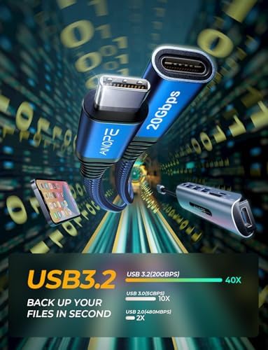Maximize Your Connectivity with AINOPE 10 FT USB C Extension Cable – 20 Gbps Data Transfer & 240 W Charging Power, Ideal for i Phone 16 Pro Max, PSVR2, Mac Book Air M2 Pro, and More – Stylish Blue Design for Enhanced Flexibility and Performance