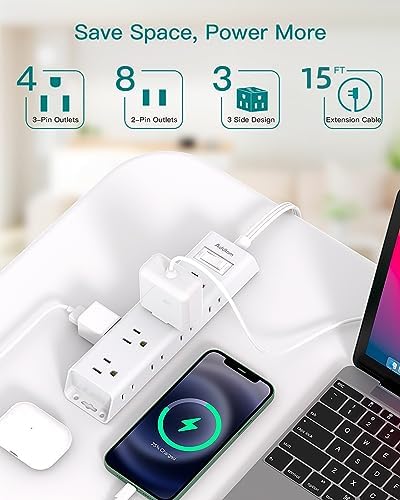 Ultra-Thin Flat Plug Power Strip with 12 AC Outlets – Addtam 5-Ft Surge Protector for Desk and Wall Mount – Multi-Device Charging Station for Home and Office – 1050 Joules Protection, Space-Saving Design for Tidy Workspaces and Enhanced Connectivity