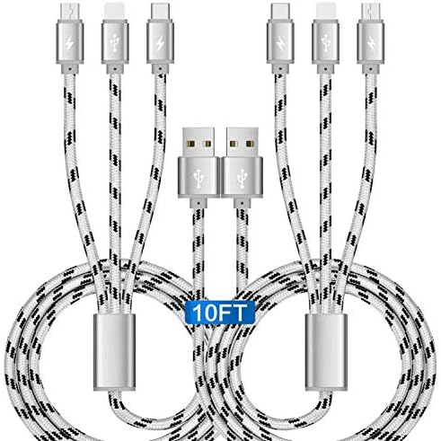 10 Ft 3 A Multi Charging Cable Set – Enhanced Braided 3-in-1 USB Charger for i Phone, Samsung, Pixel, and Tablets – Fast Charge with IP/Micro USB/Type C Compatibility for Ultimate Versatility and Durability