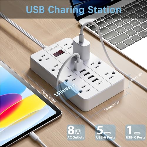 HUNIAN 5 Ft Flat Plug Power Strip with 8 Outlets and 6 USB Ports, Including USB-C Charger – Ultimate Surge Protector for Efficient Home and Office Charging Solutions, Compact Design for Desk and Travel Use, Black