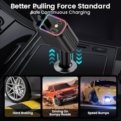 Innovative 66 W Retractable Car Charger Adapter with Ambient Starlight – 4-in-1 Fast Charging USB C Hub for i Phone 16/15/14/13/12/11, Galaxy, and Pixel Devices – Dual Retractable Cables for Effortless Multi-Device Charging and Clutter-Free Travel