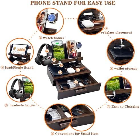 Gifts for Men Women Husband Son Boyfriend Him Nightstand Organizer Wood Phone Docking Station Birthday Gifts (Walnut) – Enhanced Compatibility and Speed