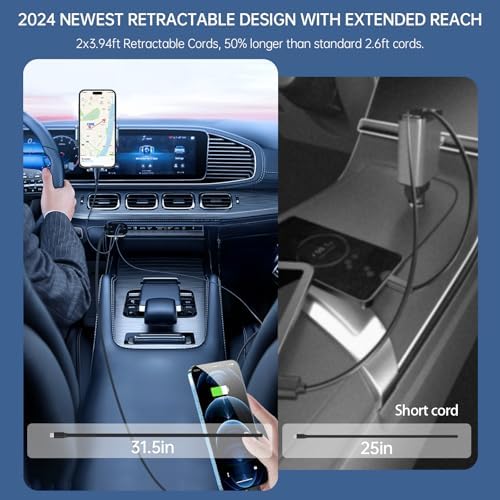 Flexino 69 W Retractable Car Charger for i Phone 16 & Galaxy – Dual USB-C Fast Charging Adapter with 2.6 ft Cords for Seamless Road Power – Compact, Stylish, and Versatile Car Charger Accessory for All Devices