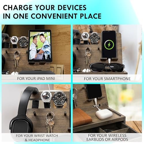 Nightstand Organizer- Rustic Bedside Organizer with Drawer for Cellphone, Watches, Headphone, Sunglasses, & Accessories- Makes an Ideal Gift for Dad or Son – Enhanced Compatibility and Speed