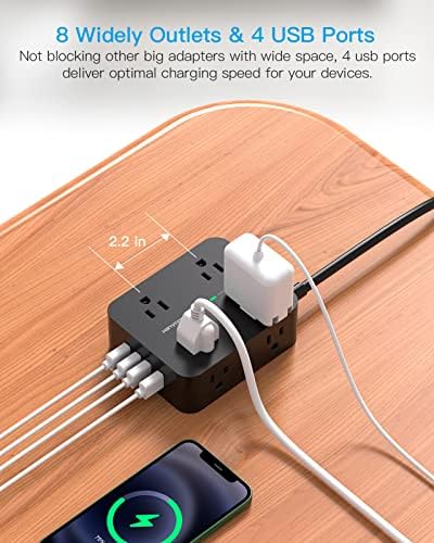Maximize Your Power Efficiency with HANYCONY 5 Ft Ultra Thin Flat Plug Surge Protector Power Strip – 8 Outlet Extender & 4 Fast-Charging USB Ports (2 USB-C) for College Dorm Room Essentials – 1080 Joules Surge Protection & Wall Mount Design in Sleek Black Finish