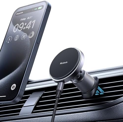 Mcdodo Mag Safe Wireless Car Charger with 18 Strong Magnets – 15 W Fast Charging Mount for i Phone 15, 14, 13, 12 – Space-Saving Air Outlet Design for Seamless Navigation and Hands-Free Use – Premium Quality Magnetic Phone Holder for Ultimate Driving Convenience