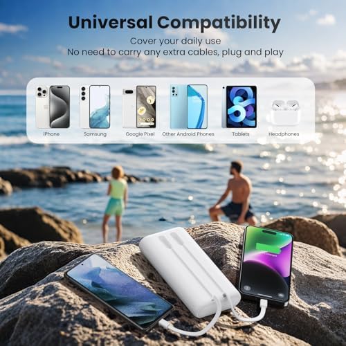 Ultra-High Capacity 40800 m Ah Portable Charger with Built-In Cables – 25 W PD USB C Fast Charging Power Bank – 5 Outputs & Dual Input for i Phone 16/15/14/13 & Samsung S23 – Stylish Pink Design for On-the-Go Charging Solutions