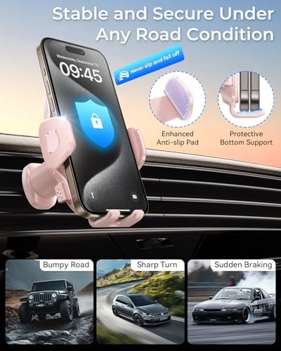 Universal Smartphone Air Vent Car Mount with Dual Metal Hook for Secure One-Hand Use – Sleek Black Design for i Phone & Android Devices, Effortless Navigation & 360-Degree Rotation, Essential Driving Accessory for Safety and Convenience