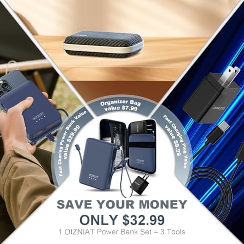 Compact 10,000 m Ah Fast Charging Power Bank with Integrated USB-C & Lightning Cables – Ultra Slim Travel Charger for i Phone 11-16 and Android Devices – Lightweight Design with 4 Simultaneous Outputs – Complete Charging Bundle with Wall Adapter & Organizer for Effortless Portability