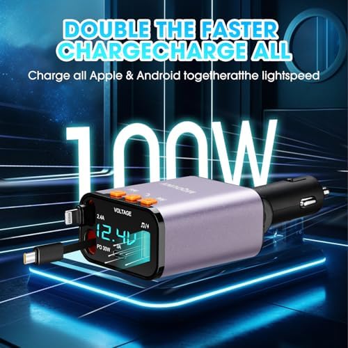Revamp Your Drive with the 5-in-1 Retractable Car Charger: 60 W Fast Charging, Bluetooth 5.3 FM Transmitter, Hands-Free Calling & Integrated MP3 Player – Dual Retractable Cables & USB Ports for Ultimate Connectivity (Purple) – Elevate Your Mobile Experience on the Go!