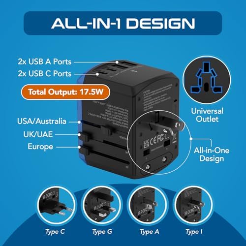 Ultimate Compact Travel Power Adapter for UK & Ireland – Dual USB & USB-C Fast Charger with 3.1 A Output – Type G Plug Converter for Seamless Global Connectivity in Hong Kong, England, Dubai, and Saudi Arabia – Safe, Efficient Design for Smart Travelers