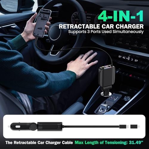 Transform Your Charging Routine with the 4-in-1 Retractable Car Charger Featuring Starlight Glow – 120 W USB-C Fast Charger Compatible with i Phone 16/15/14/13/12/11 and Android Devices, Tangle-Free Design for Effortless Use, Perfect Valentine’s Gift for Him or Her in Sleek Dark Grey