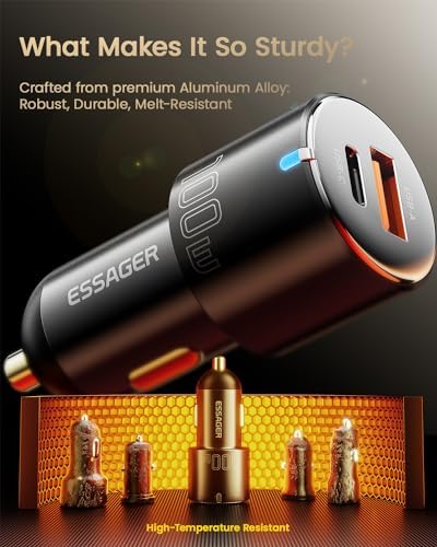Ultimate 100 W USB-C Car Charger by Essager – Fast Dual-Port Adapter with PD3.0, PPS, QC3.0 for i Phone 16/15/14/13 Pro Max, Samsung Galaxy, i Pad & Mac Book – All-Metal Design for Enhanced Durability & Universal Compatibility on the Go