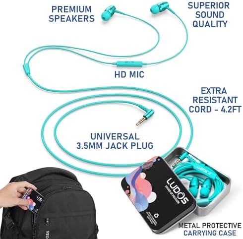 LUDOS OMNITONE USB-C Earbuds – Rich Sound Quality & Comfortable Fit for i Phone 16 & Samsung Galaxy S24 – Noise-Canceling Technology, Ergonomic Design, 5-Year Warranty – Turquoise – Perfect for Music, Gaming, and Calls with Quick USB-C Connectivity and Wide Device Compatibility