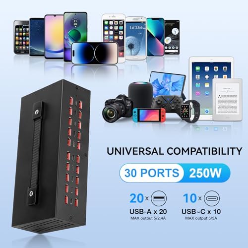 200 W USB-C Charging Hub with 20 Ports – Fast Charge Station for i Phone, i Pad, Kindle, and More – Multi-Device Power Solution with Enhanced Safety Features – Portable USB Wall Charger for Home and Office Use – Efficient Multi-Device Charging Station