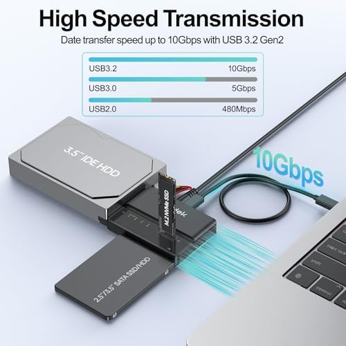 Universal NVMe M.2 to SATA Adapter – Tool-Free PCIe SSD Enclosure with USB 10 Gbps, Supports M Key & M+B Key Drives, Compatible with 2.5″/3.5″ SATA HDDs and IDE Drives for Effortless Data Transfers and Backups