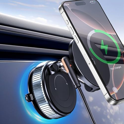 for Magsafe Car Mount Charger, 15W Wireless Car Charger Suction Cup Phone Mount, 360° Adjustable Vacuum Magnetic Phone Holder, Dashboard Car Mount for iPhone 16e Pro Max 15 14 13 – Enhanced Compatibility and Speed
