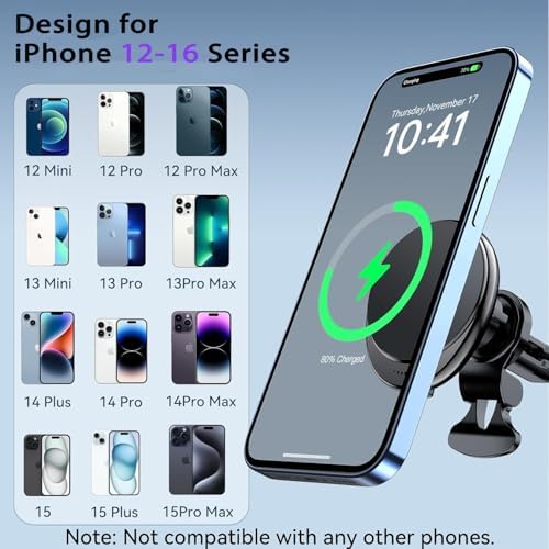 Mag Safe Car Mount Wireless Charger – 15 W PRO Fast Charging Station for i Phone 16, 15, 14, 13, 12 Models – Universal Vent Design for Effortless Use and Magnetic Stability – Streamlined, Compact Accessory for On-the-Go Power and Connectivity