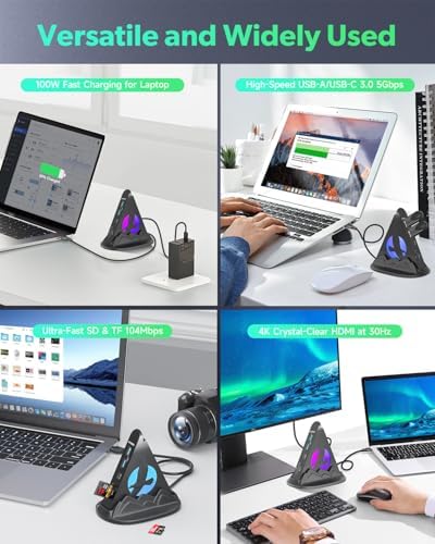 Experience Unmatched Connectivity with the 8-in-1 USB C Hub Multiport Adapter – 4 K HDMI Output, 100 W Power Delivery, and Vibrant RGB Lighting for Mac Book, Surface & i Mac – Effortless File Transfers with USB-A 3.0, USB-C, and SD Card Reader – Your Go-To Accessory for Enhanced Productivity and Seamless Device Integration