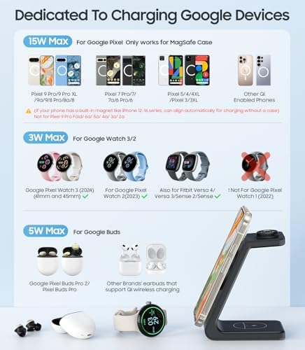 Revolutionary 3-in-1 Magnetic Wireless Charger for Google Pixel Devices – Fast Charging Stand with N52 Magnet for Pixel Watch 3/2, Pixel 9 Pro/XL/9 a/9/8 Pro/8 a/7 Pro/7 a/7/6/6 Pro, and Pixel Buds Pro 2 – Effortless Alignment & Enhanced Compatibility – Includes QC 18 W Adapter & USB Type-C Cable for Safe, Reliable Charging – Perfect for Multi-Device Use and Stylish Desktop Integration – Ideal Gift for Tech Enthusiasts and Google Product Users – Protects Devices with Advanced Smart Chip Technology for Overheating & Overcharging Prevention – Compatible with i Phone and Samsung Models Supporting Wireless Charging – Note: Requires Magnetic Case for Optimal Performance on Google Pixel Phones