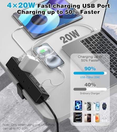 40 W High-Speed Desk Clamp Power Strip with 4 USB-C Ports & 8 AC Outlets – Efficient Surge Protector for Home Office – 14 AWG Heavy Duty Cord, Fits 1.9″ Tabletop Edges, 6 Ft Cable for Maximum Flexibility and Enhanced Device Compatibility