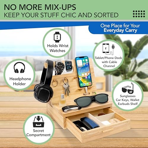 Nightstand Organizer- Rustic Bedside Organizer with Drawer for Cellphone, Watches, Headphone, Sunglasses, & Accessories- Makes an Ideal Gift for Dad or Son – Enhanced Compatibility and Speed