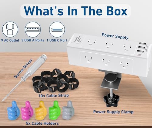 Maximize Workspace Efficiency with the 9-Outlet Desk Clamp Power Strip – Ultimate Mountable Surge Protector Featuring Fast Charging USB & USB-C Ports, 6 ft Extension Cord for Home Office Convenience, Sleek White Design for Enhanced Aesthetics and Functionality