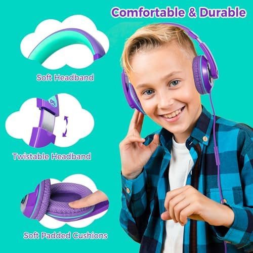 Rockpapa Kids Over-Ear Headphones – Lightweight Wired Audio Gear for School, Travel, and Home – Stylish White and Blue Design for Boys and Girls – Immersive Sound Quality with Adjustable Comfort and Durable Build for Young Audiophiles