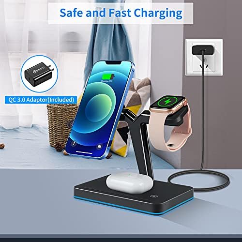 Transform Your Charging Experience with the 15 W Magnetic Wireless Charger – Ultimate 3-in-1 Qi Fast Charging Hub for i Phone 14/13/12, Apple Watch Series 7/SE/6/5/4/3/2 & Air Pods 3/2/Pro – Effortless Magnetic Alignment, Sleek Aesthetic, and Instant Use with Included Adapter – Maximize Performance and Extend Device Longevity for Home and Office Use