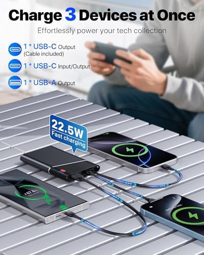 Ultra-Slim 10000 m Ah Power Bank with 22.5 W PD Fast Charging – Built-in USB-C Cable for i Phone 16/15/14, Samsung S24 & More – Lightweight Travel Essential with 15-Layer Safety Protection & Multiple Device Charging Capability