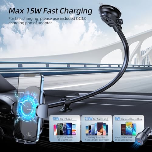 APPS2 15 W Fast Wireless Car Charger & Phone Holder – Versatile Mounting for i Phone 15 Pro Max/Plus, Samsung, LG & More – Ultimate Convenience for Safe Driving with Intelligent Charging Technology – Adjustable Dashboard, Windshield, and Air Vent Compatibility