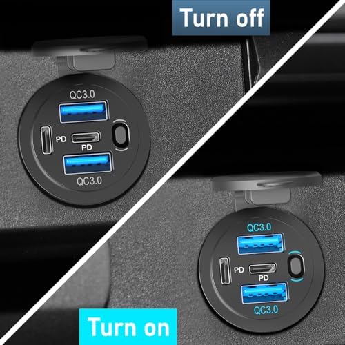 High-Power 4-Port 12 V USB C Car Charger Socket – 90 W Dual PD 36 W & QC 18 W Ports for Fast Charging – Versatile Marine, RV, Truck & Motorcycle Compatibility with Button Switch & USB-C Cable Included – Ultimate On-the-Go Power Solution