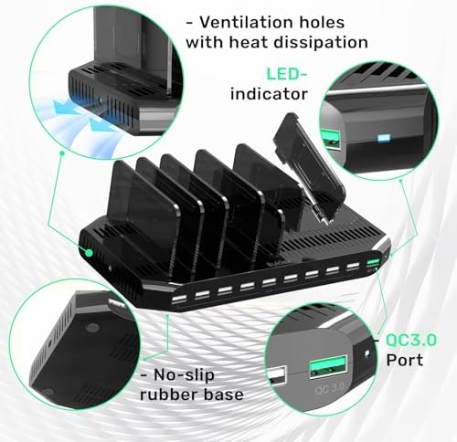 Ultimate 10-Port USB Charging Station with QC3.0 – 60 W Multi Charger Hub for Tablets & Smartphones, Customizable Dividers for Organized Power Management, Fast Charging Technology for Home & Office Use