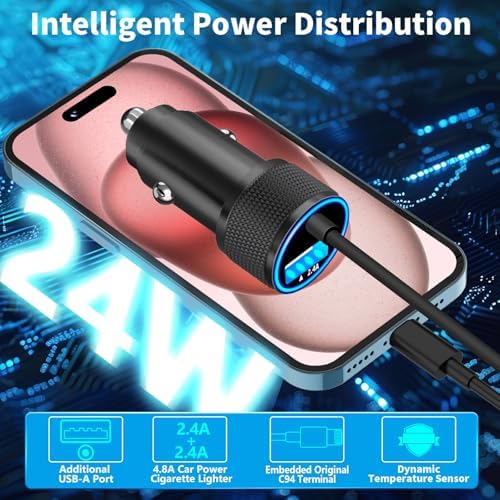 Rombica 105 W MFi Certified Dual USB-C & USB-A Fast Car Charger for i Phone 16 Pro Max – Ultimate Portable Power Solution with 6 FT Coiled Type-C Cable for Rapid Charging on the Go, Perfect for Road Trips and Daily Commuting