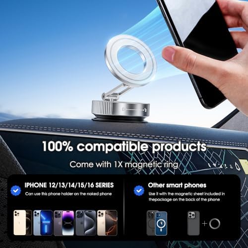 Vacuum Suction Magnetic Phone Holder for Car，Magsafe car Mount [Mag Safe] 360° Vacuum Magnetic iPhone Stand for Car/Desktop/Mirror/Bathroom/Gym，Car Mount for iPhone 16 Pro Max/Android – Enhanced Compatibility and Speed
