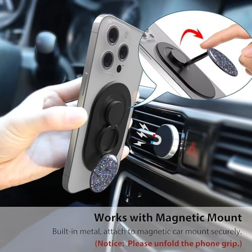 Magnetic Phone Grip for MagSafe, Phone Ring Holder Finger Kickstand Wireless Charging Compatible, Adjustable Magnet Phone Rings Gripper Stand for iPhone Mag-Safe Accessories – Sparkle Black – Enhanced Compatibility and Speed