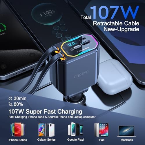 Revolutionary 4-in-1 Retractable Car Charger – 146 W Fast Charging Solution with PD 65 W & 30 W Outputs, 2.9 ft Tangle-Free Cord, RGB Light for Enhanced Visibility, Perfect Compatibility for i Phone 16/15/14/13/12, Android Devices & Laptops – Sleek Gray Design for Modern Vehicles